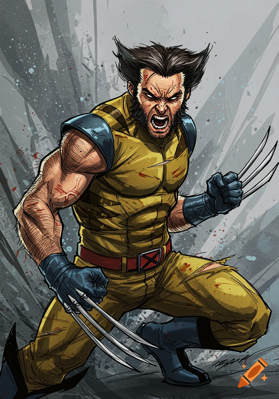 Comic art illustration of Wolverine in his classic yellow and blue suit, baring claws, with a fierce expression.