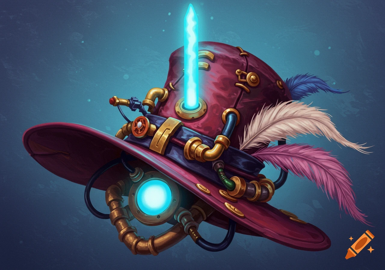 A detailed illustration of a steampunk-style hat with glowing blue lights, gears, pipes, and feathers against a dark background.