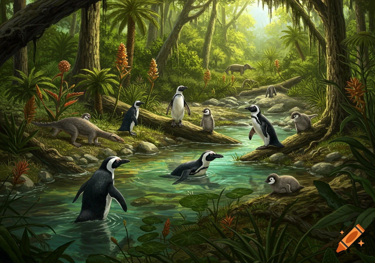 Illustration of penguins and other animals in a lush forest stream