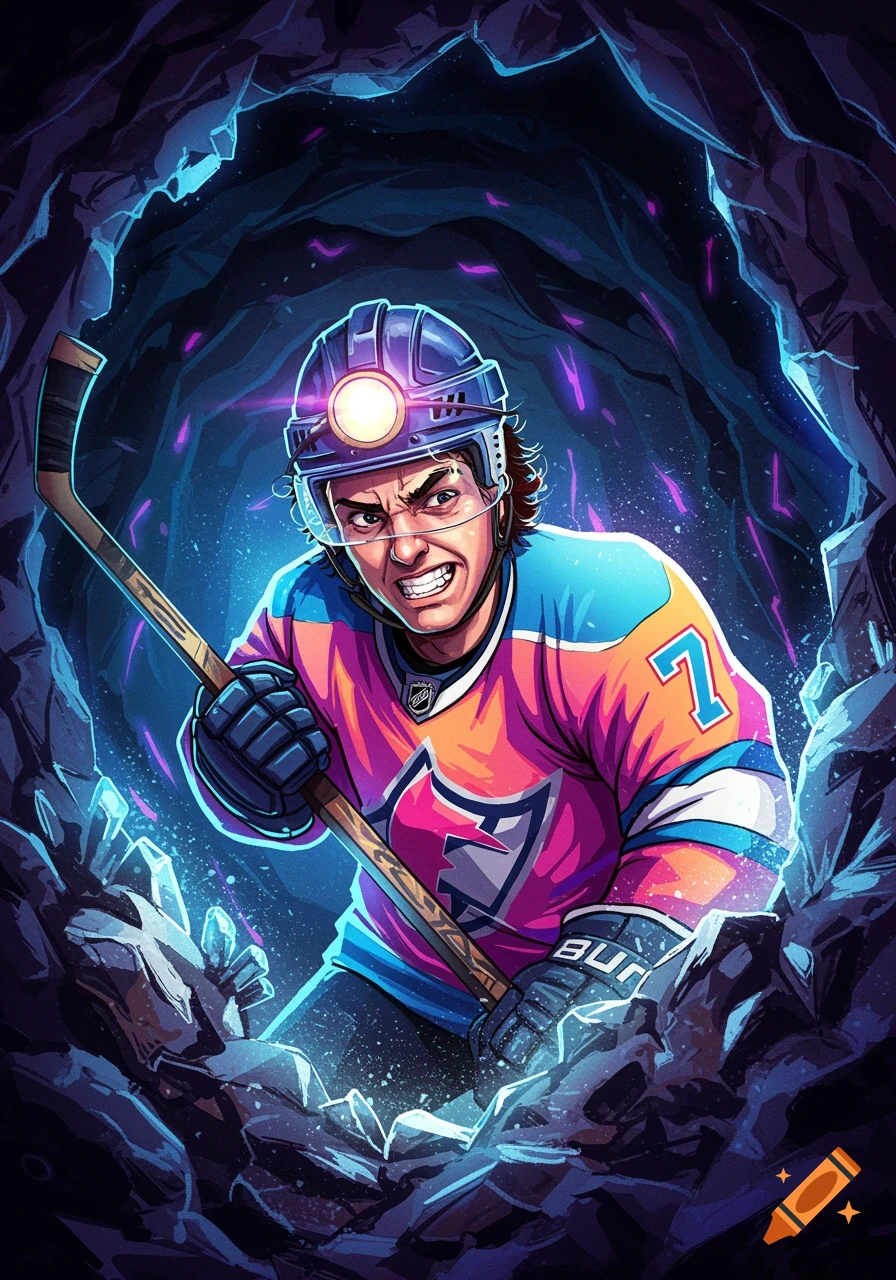 Illustration of a determined hockey player in a colorful jersey, helmet with a light, digging through rocks in a dark, glowing cave.