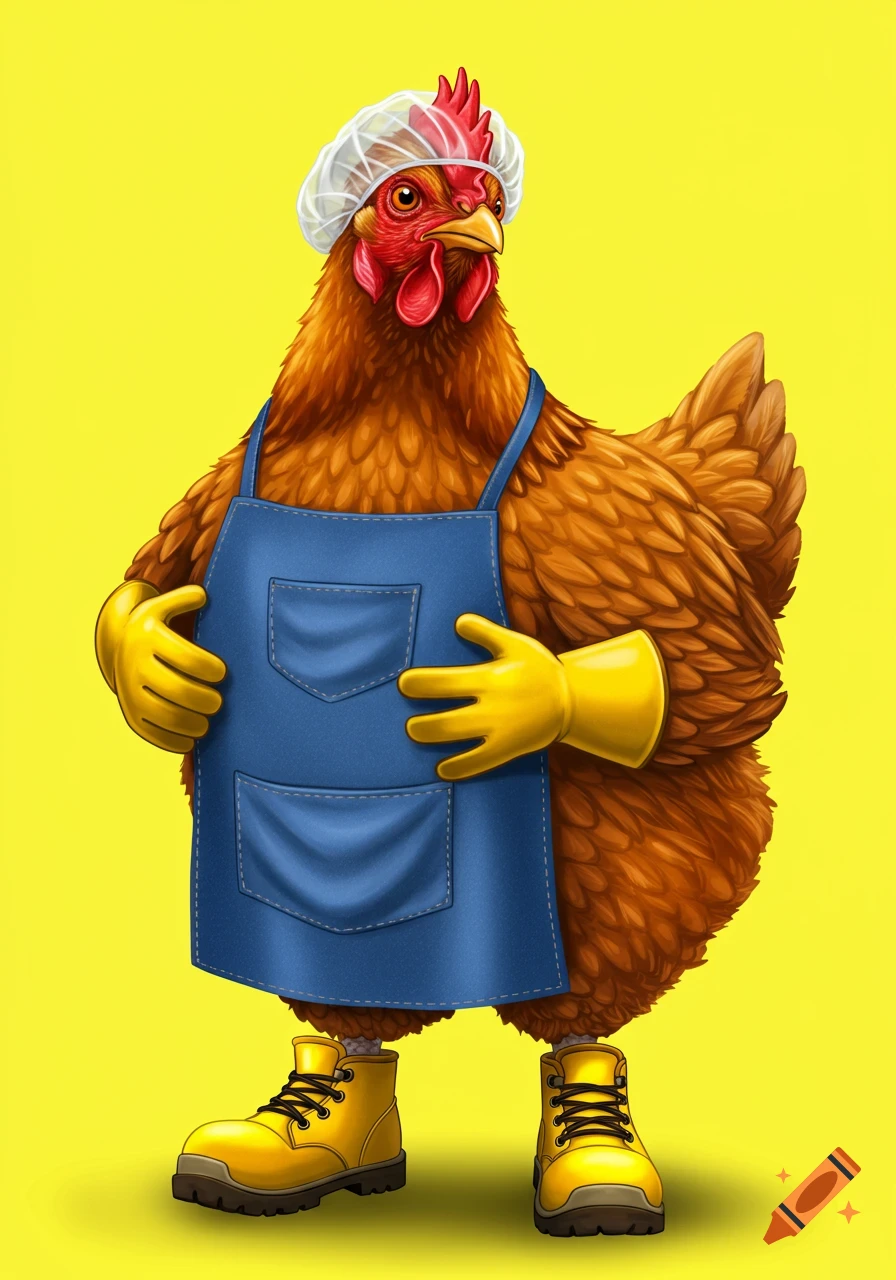 A cartoon chicken wears a hairnet, blue apron, yellow gloves and boots.