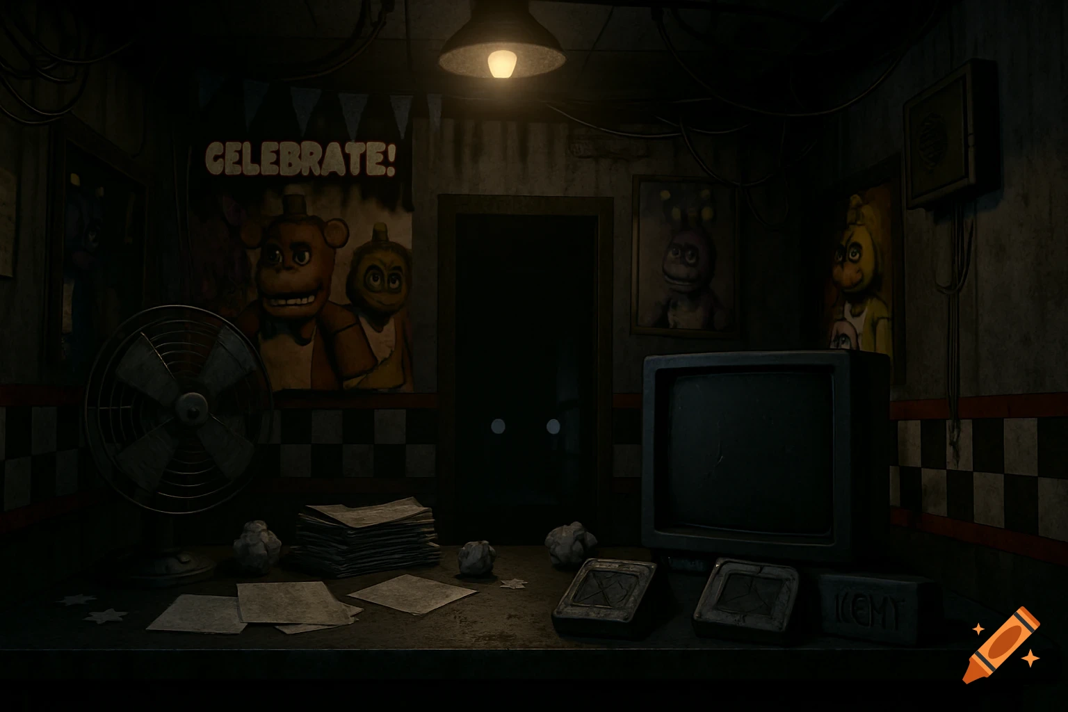 The dark office from Five Nights at Freddy's, with a desk, monitor, fan, papers, and posters of animatronic characters.