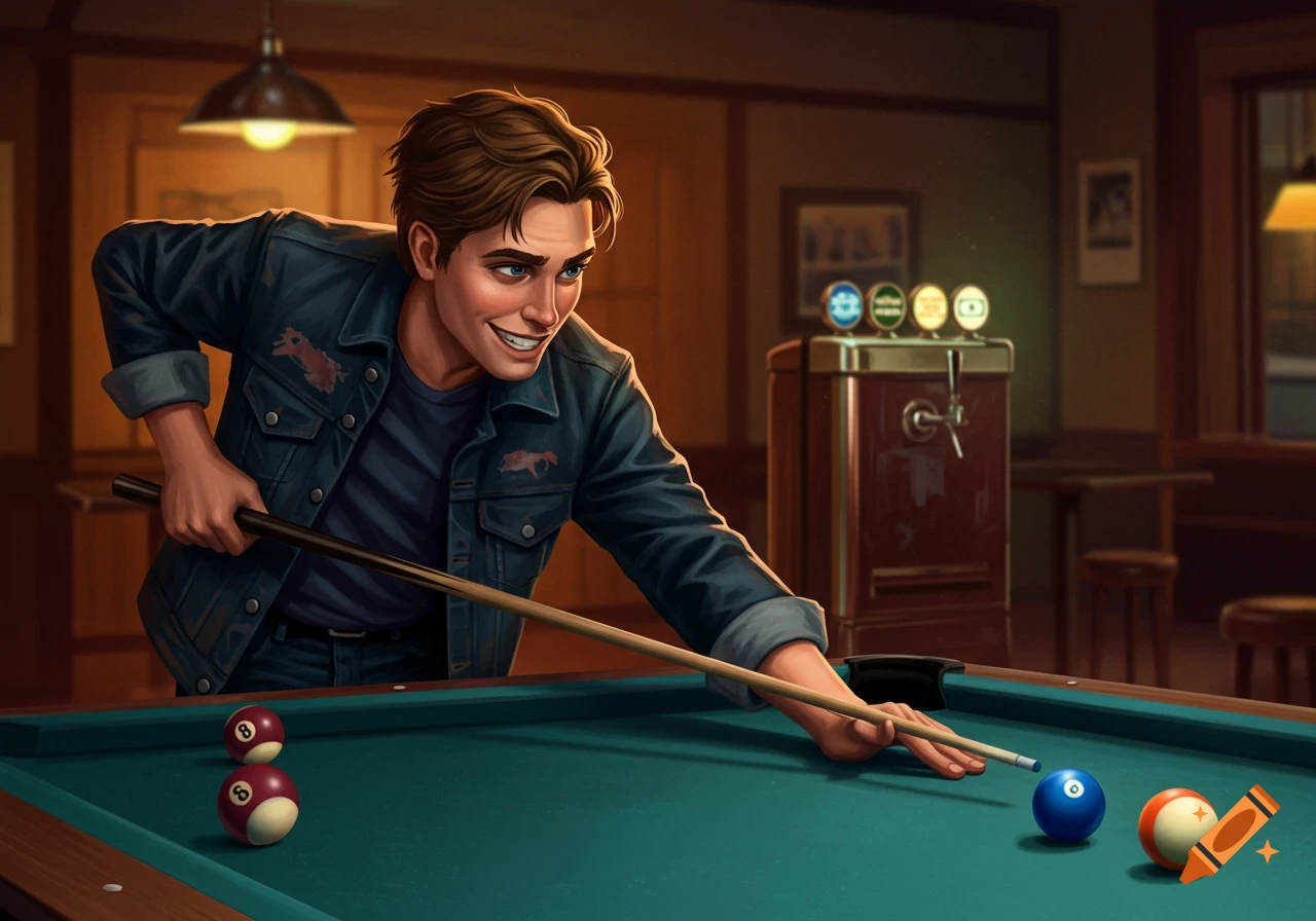An illustration of a man taking a shot while playing pool in a bar.
