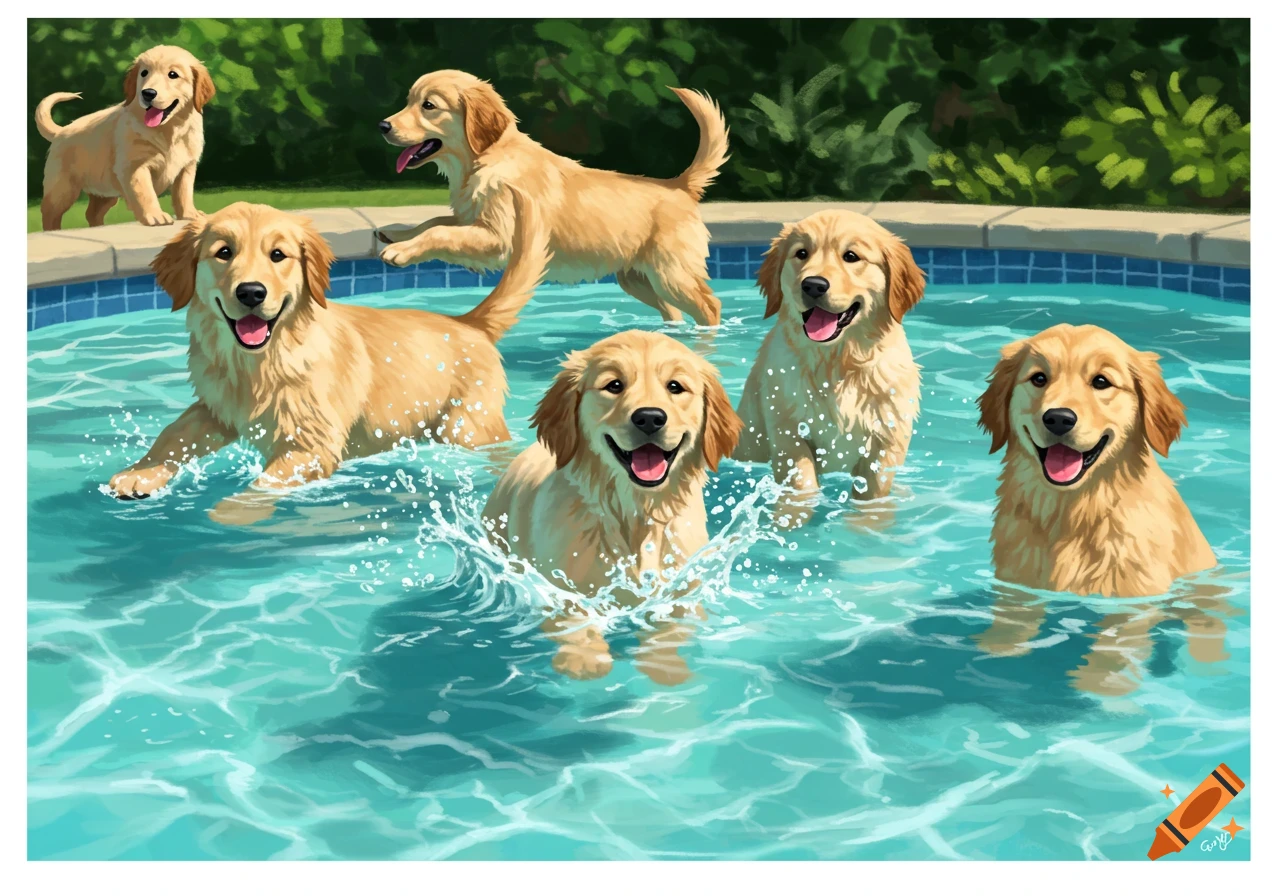 Golden retriever puppies play and swim in a pool. Digital painting.