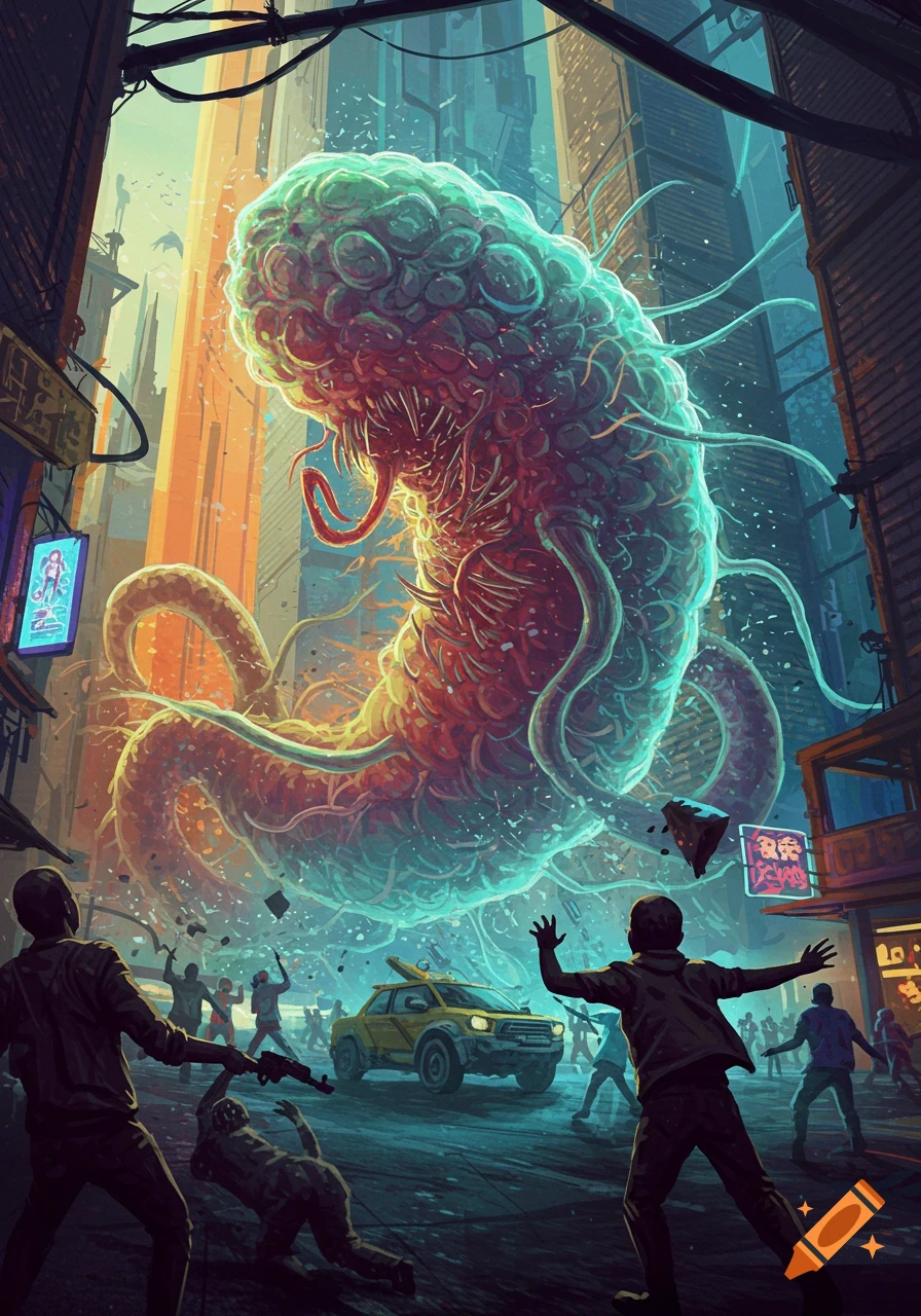 Giant microbe monster attacks a city street with panicked people fleeing.