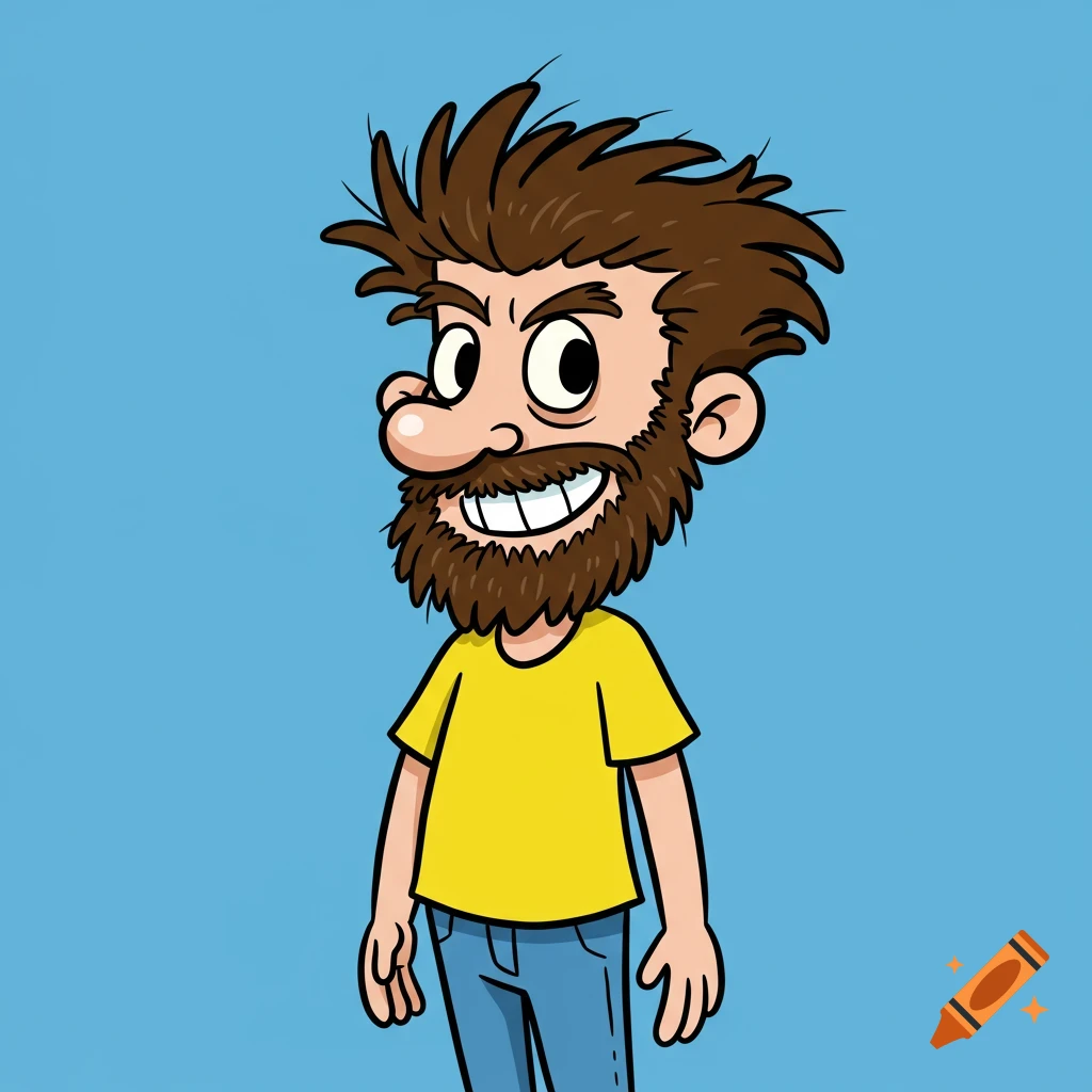 Cartoon illustration of a bearded man with spiky hair smiling. on Craiyon