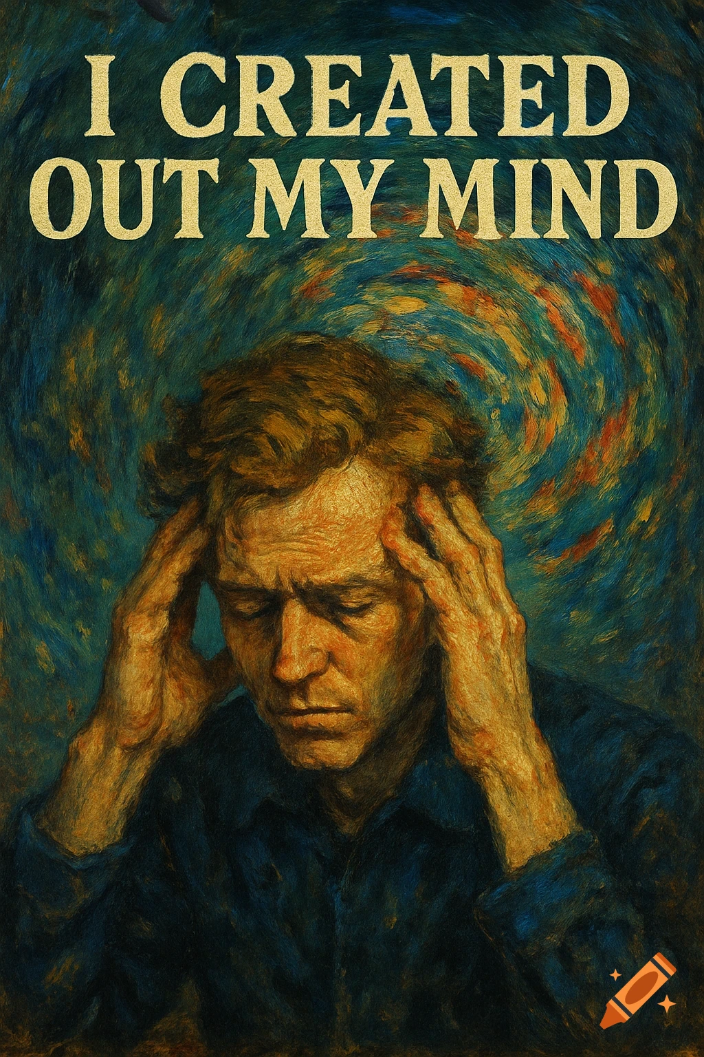 Painting of a man clutching his head against a swirling background, with the title 'I CREATED OUT MY MIND' above him.