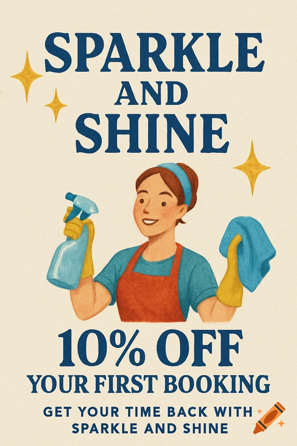 Retro illustration poster for Sparkle and Shine cleaning service with woman holding spray bottle and cloth, promoting 10% off.