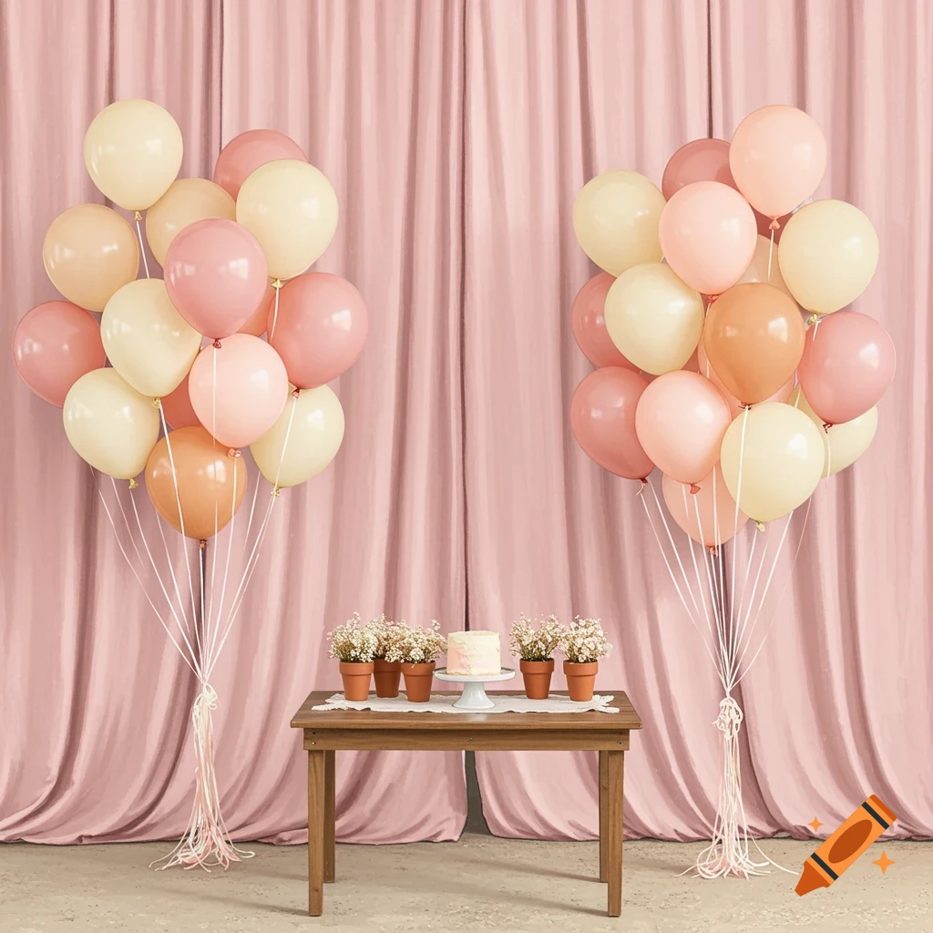 Birthday party decor with pink, peach, and off-white balloons, a cake, and plants on a table in front of pink curtains.
