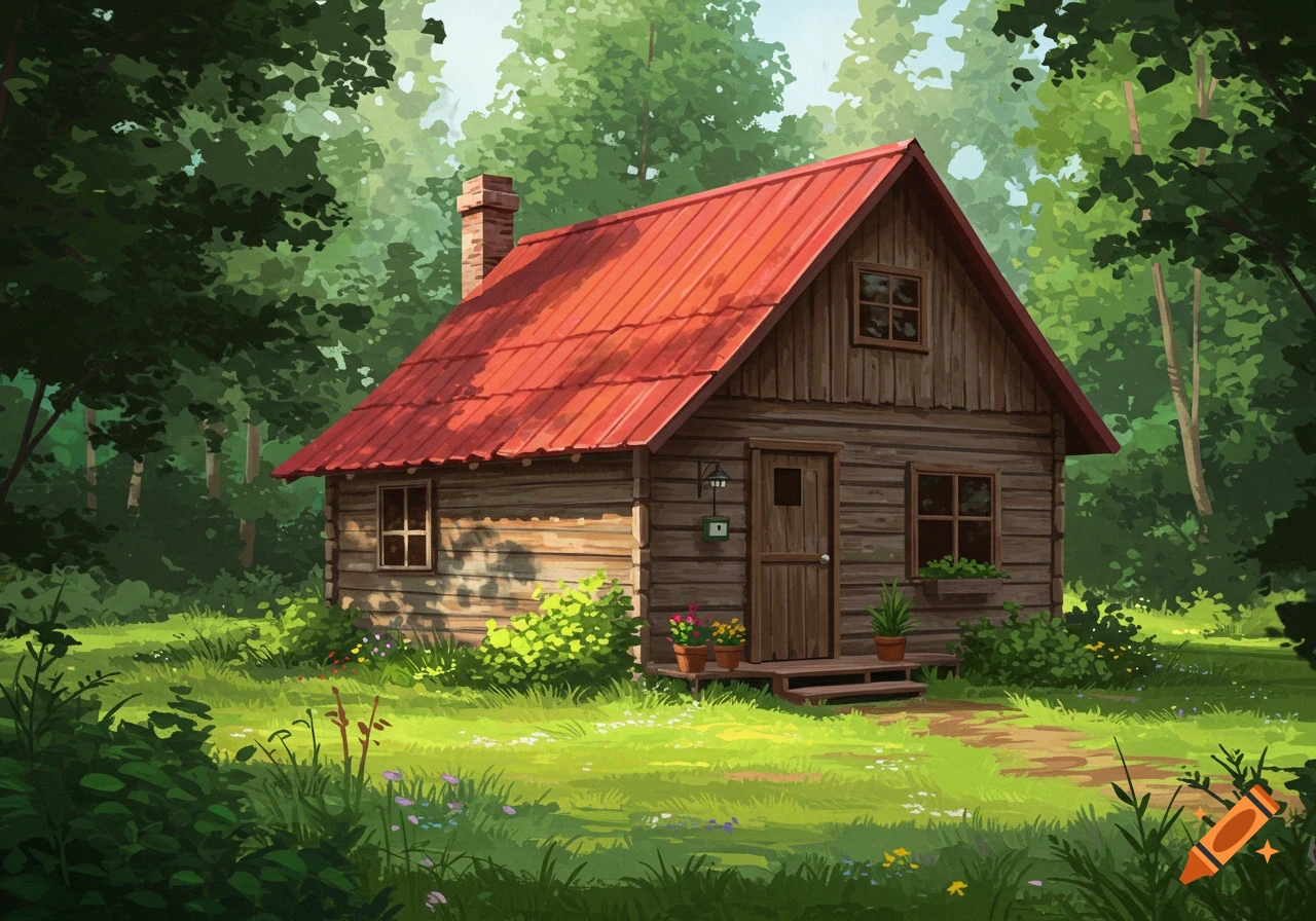 Illustrated log cabin with red roof in a sunny forest clearing.