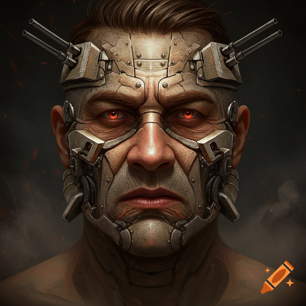 Close-up portrait of a man's face with robotic metal plating and turrets, glowing red eyes, sci-fi style.