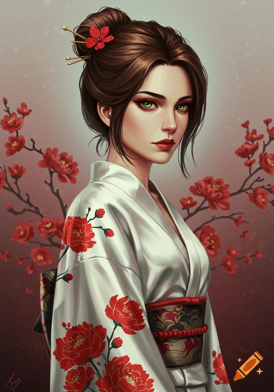 Portrait of a woman in a white kimono with red flowers and green eyes