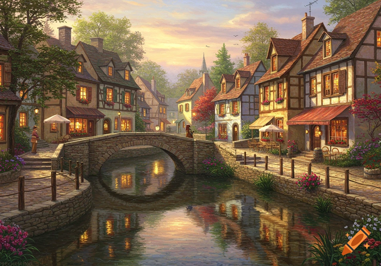 Painting of a small European village with a bridge over a river at sunset.