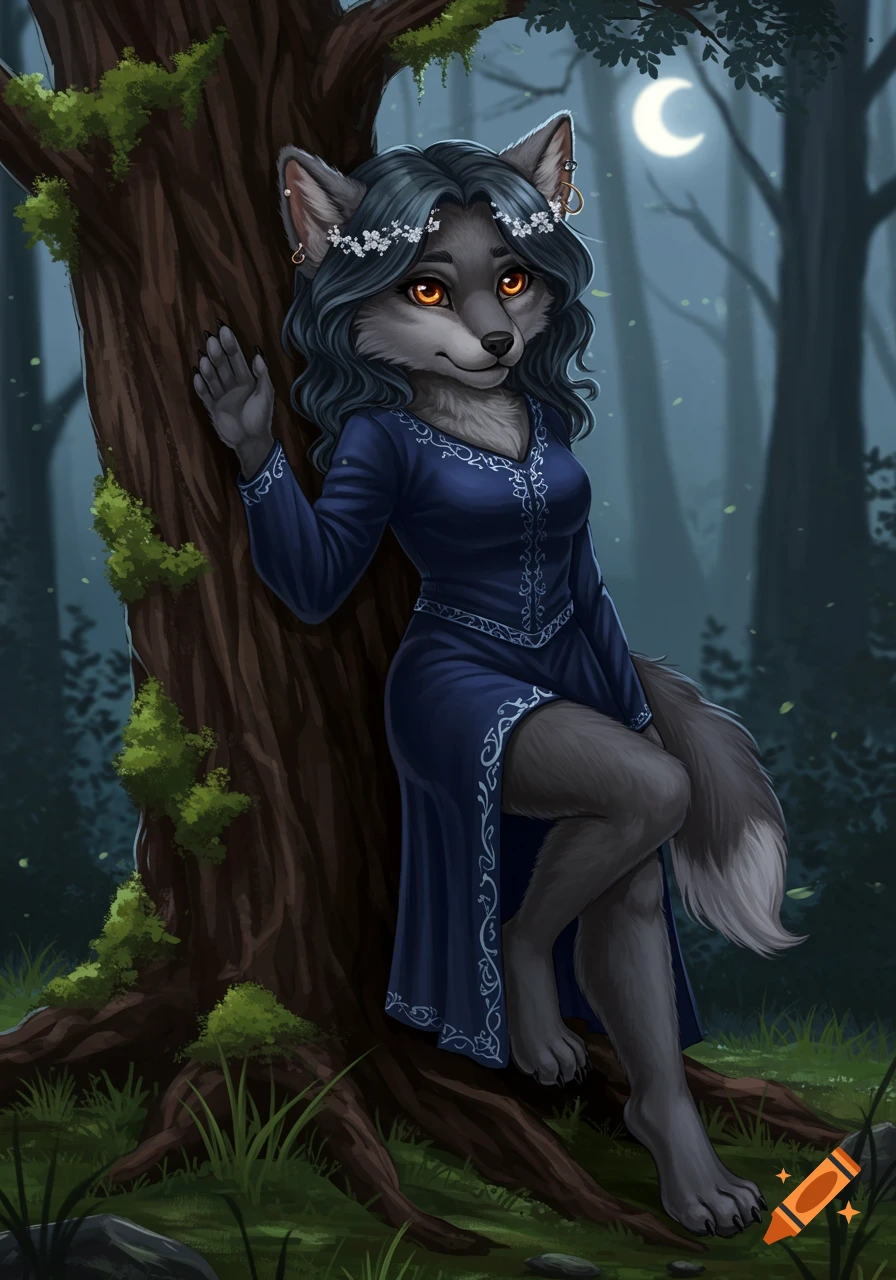 A female werewolf in a blue dress leans against a mossy tree in a moonlit forest.