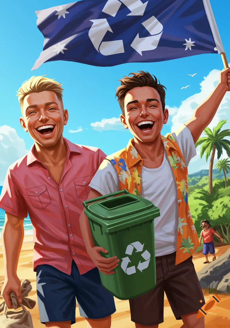 Illustration of two happy men holding a recycling bin and bags on a beach, waving a flag with recycling symbols.