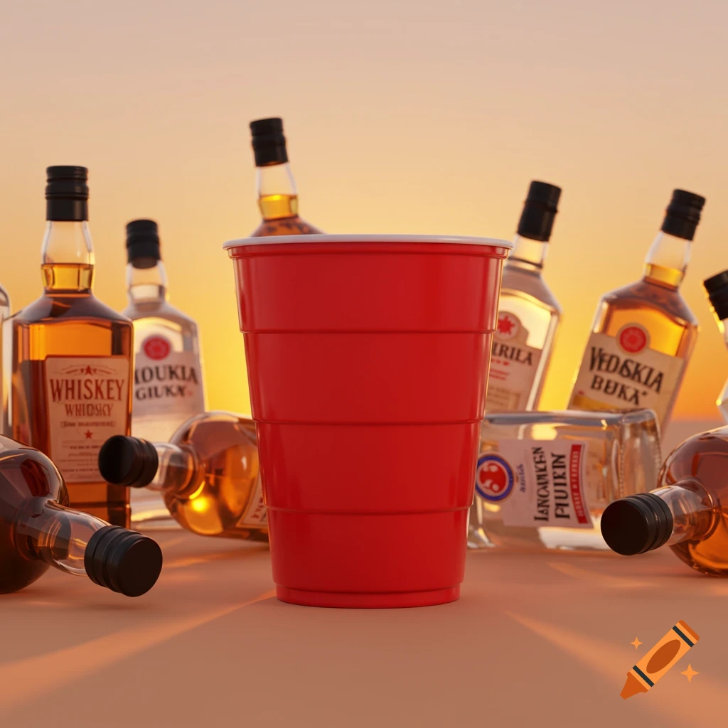 A 3D render of a red solo cup surrounded by alcohol bottles with a sunset background.