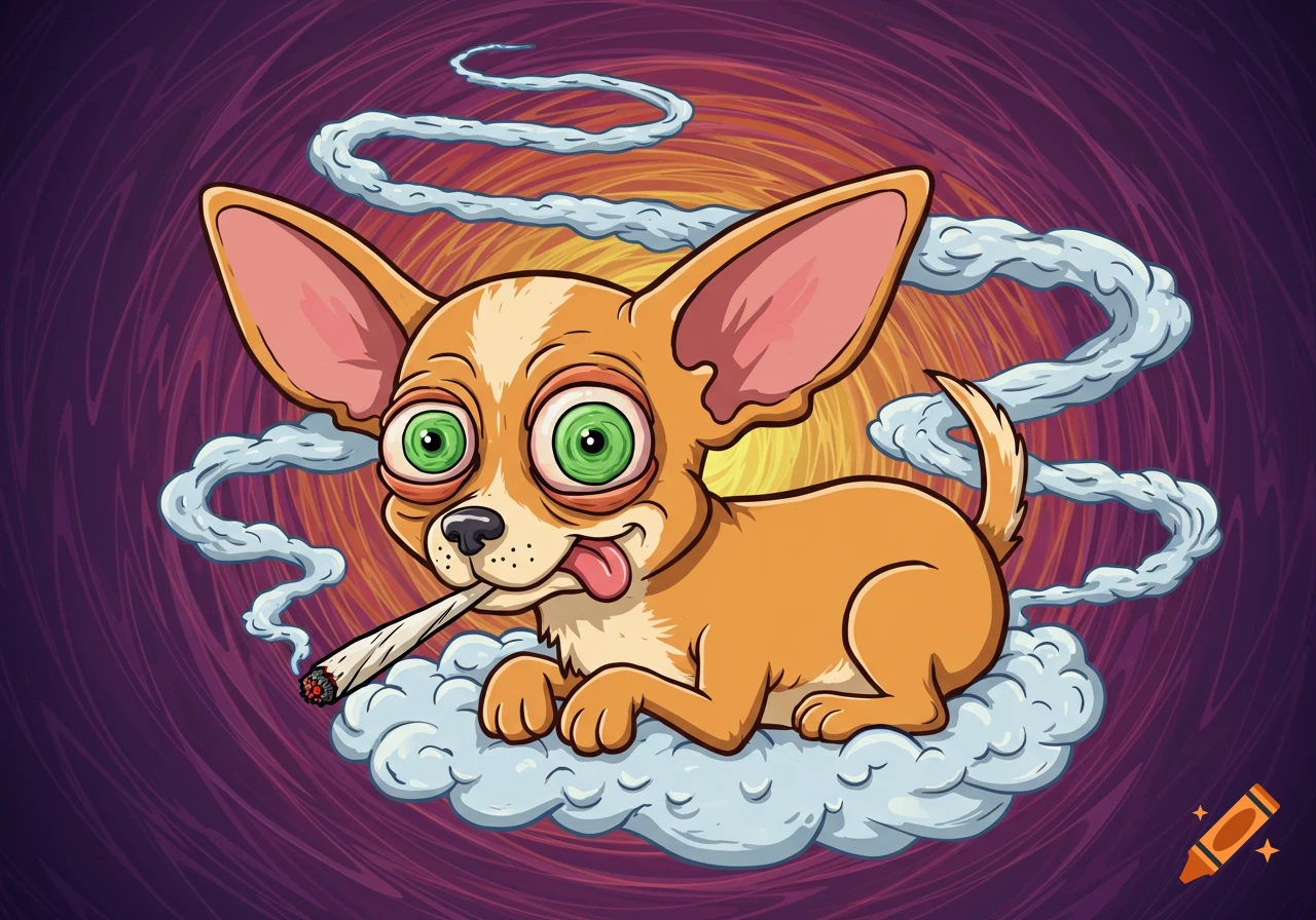 Stoned cartoon chihuahua smoking a joint on a smoke cloud with a colorful swirling background