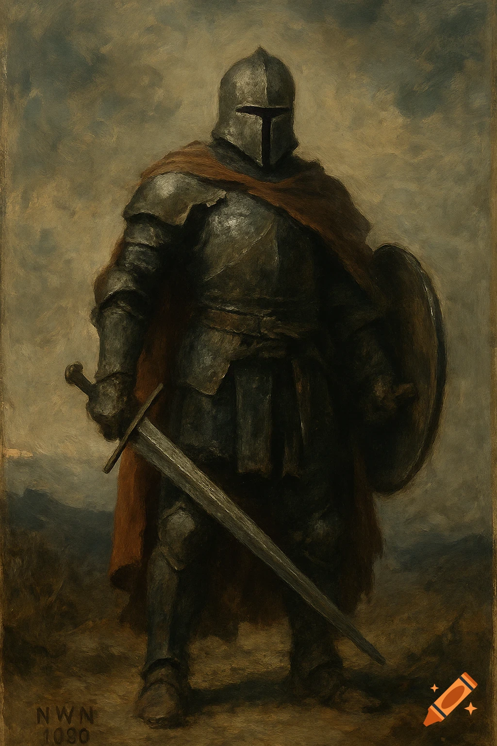 A full-body painting of a knight in dark armor and a red cape, holding a sword and shield.