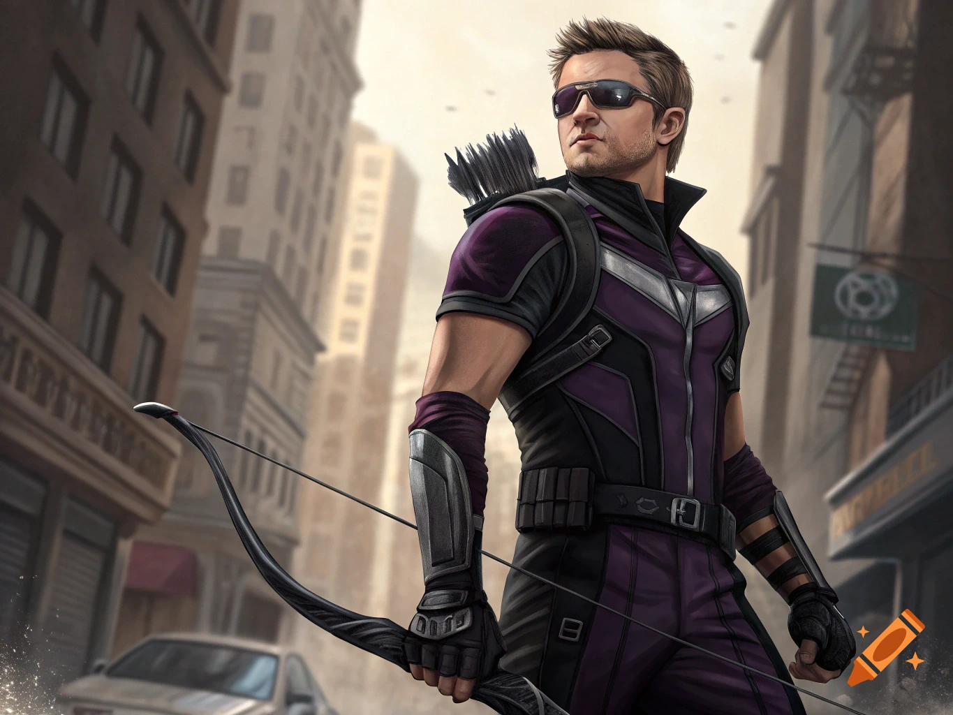 Hawkeye in his purple costume holding a bow in a city street.