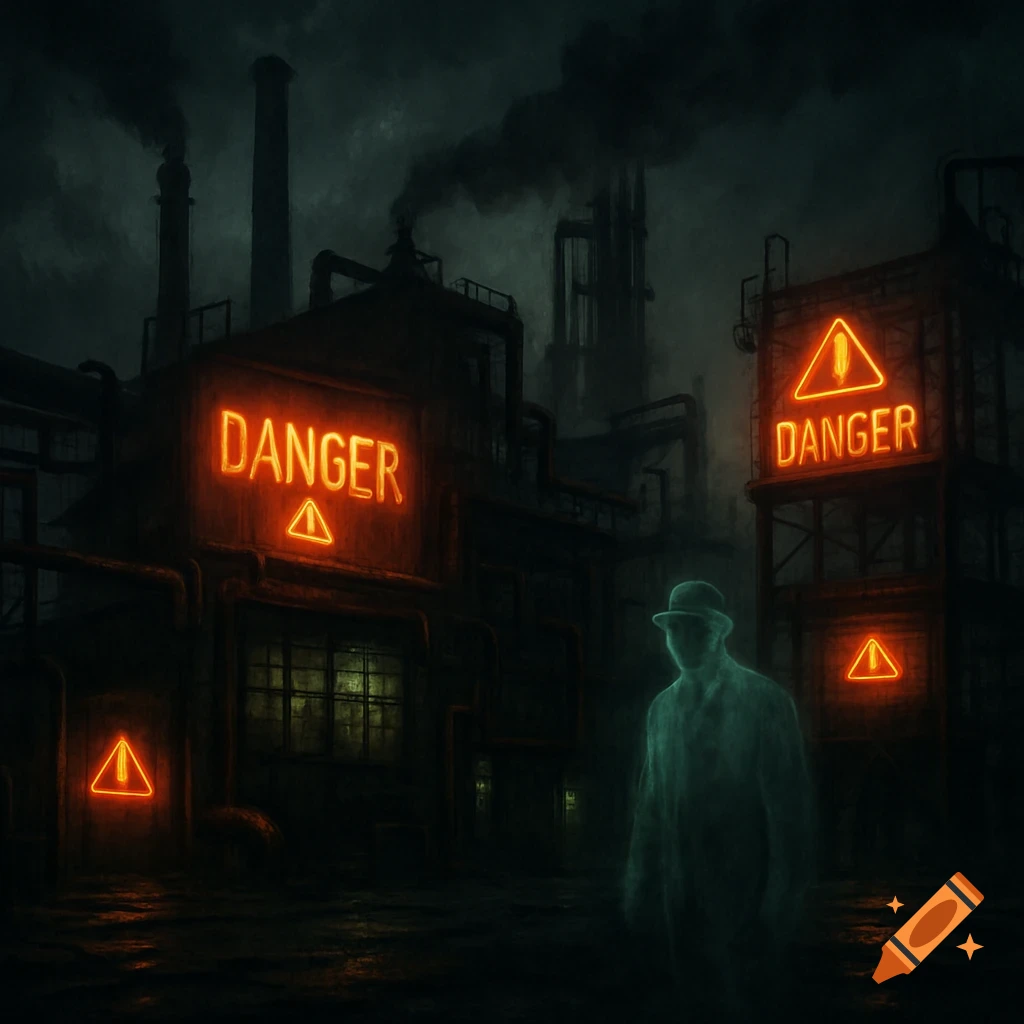 A ghostly figure stands before a dark, smoking industrial factory with bright red neon 'DANGER' signs.