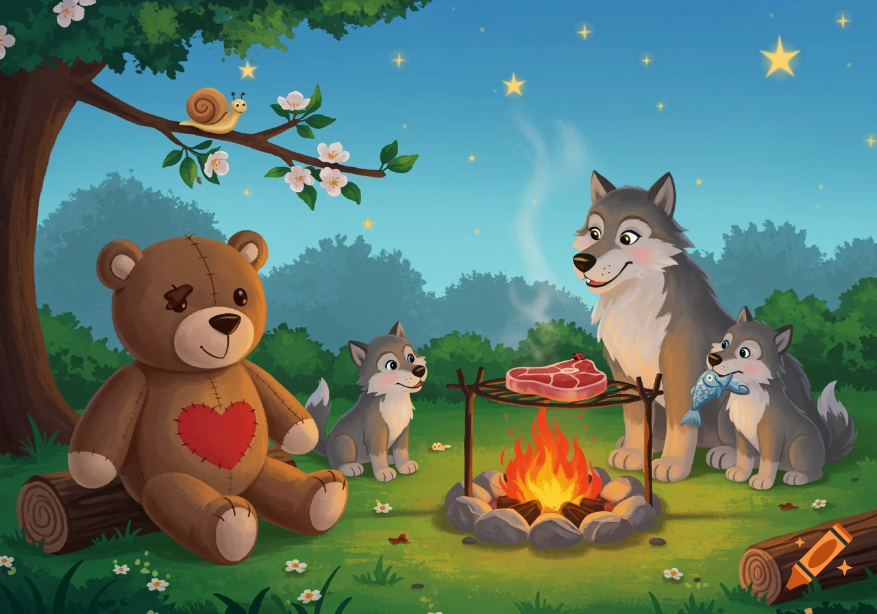Cartoon teddy bear and wolves camp by a campfire under stars, with steak and fish.