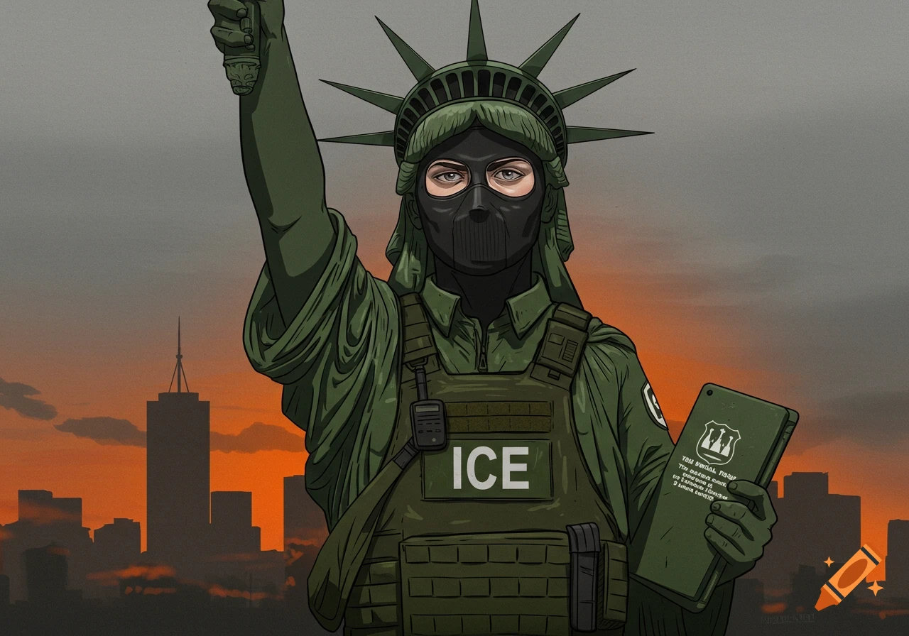 Illustration of the Statue of Liberty as an ICE agent wearing a mask and tactical vest with city skyline.
