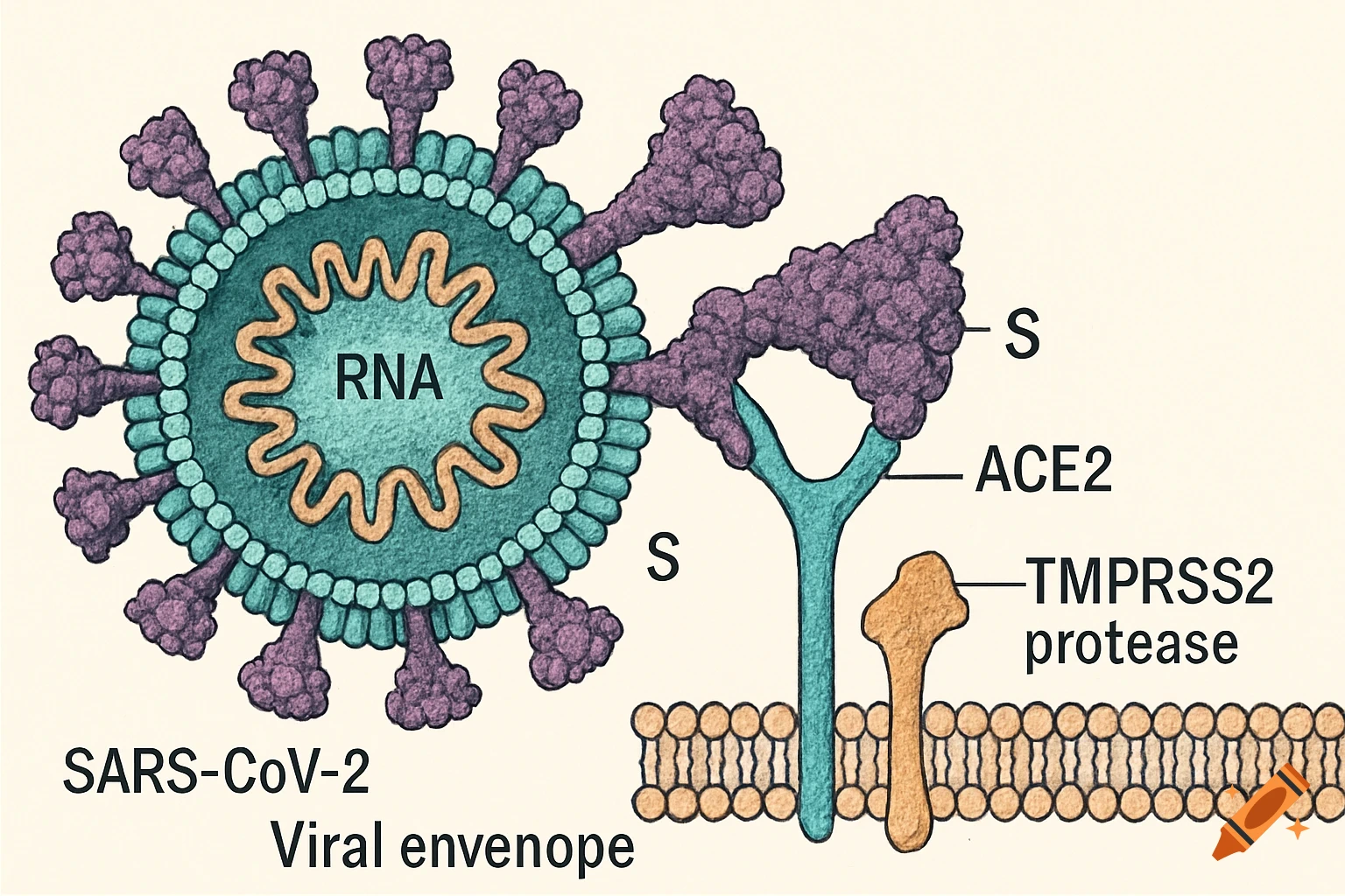 Illustration of SARS-CoV-2 virus binding to a cell membrane, showing RNA and proteins