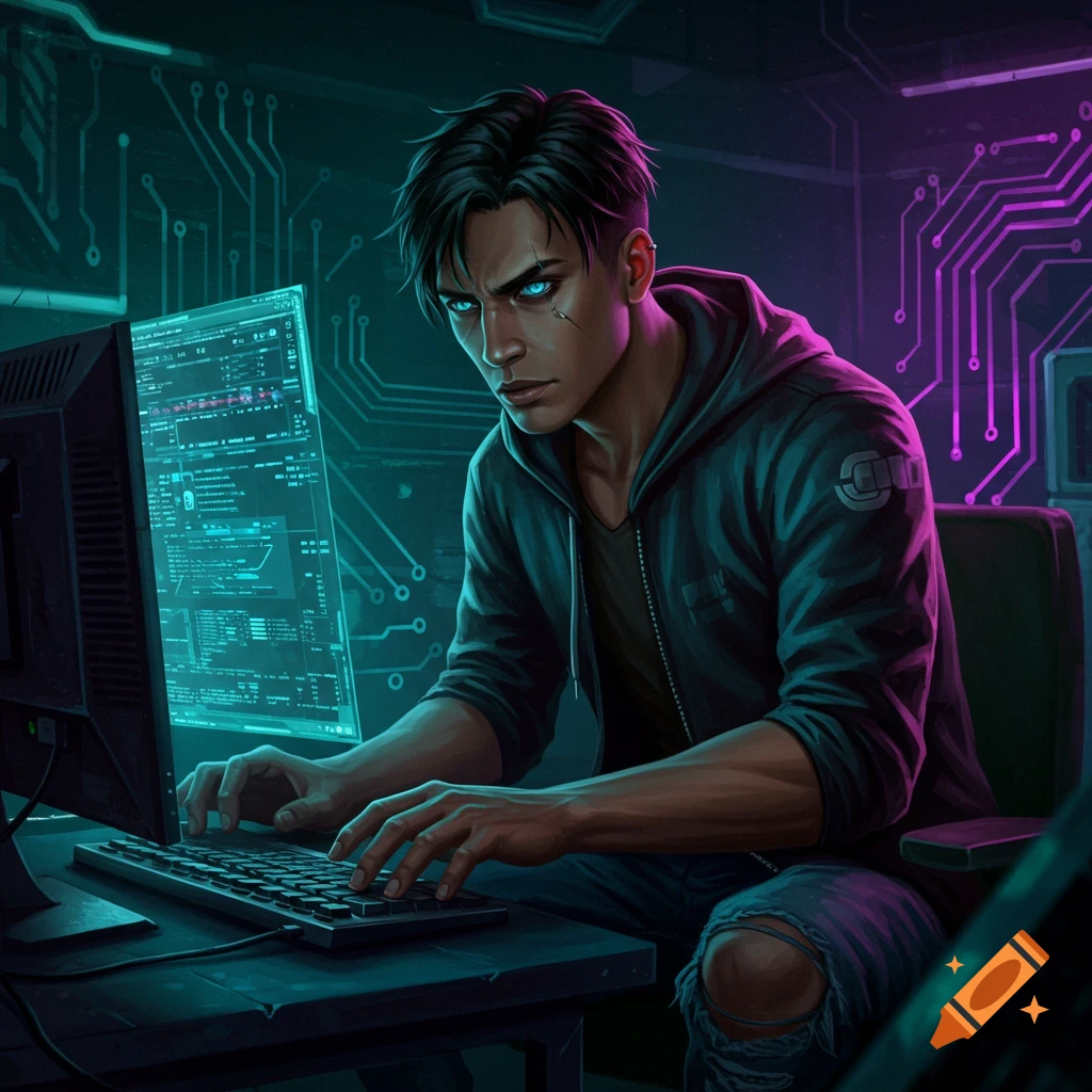 Person hacking on a computer in a dark cyberpunk room with neon lights and circuit board patterns.