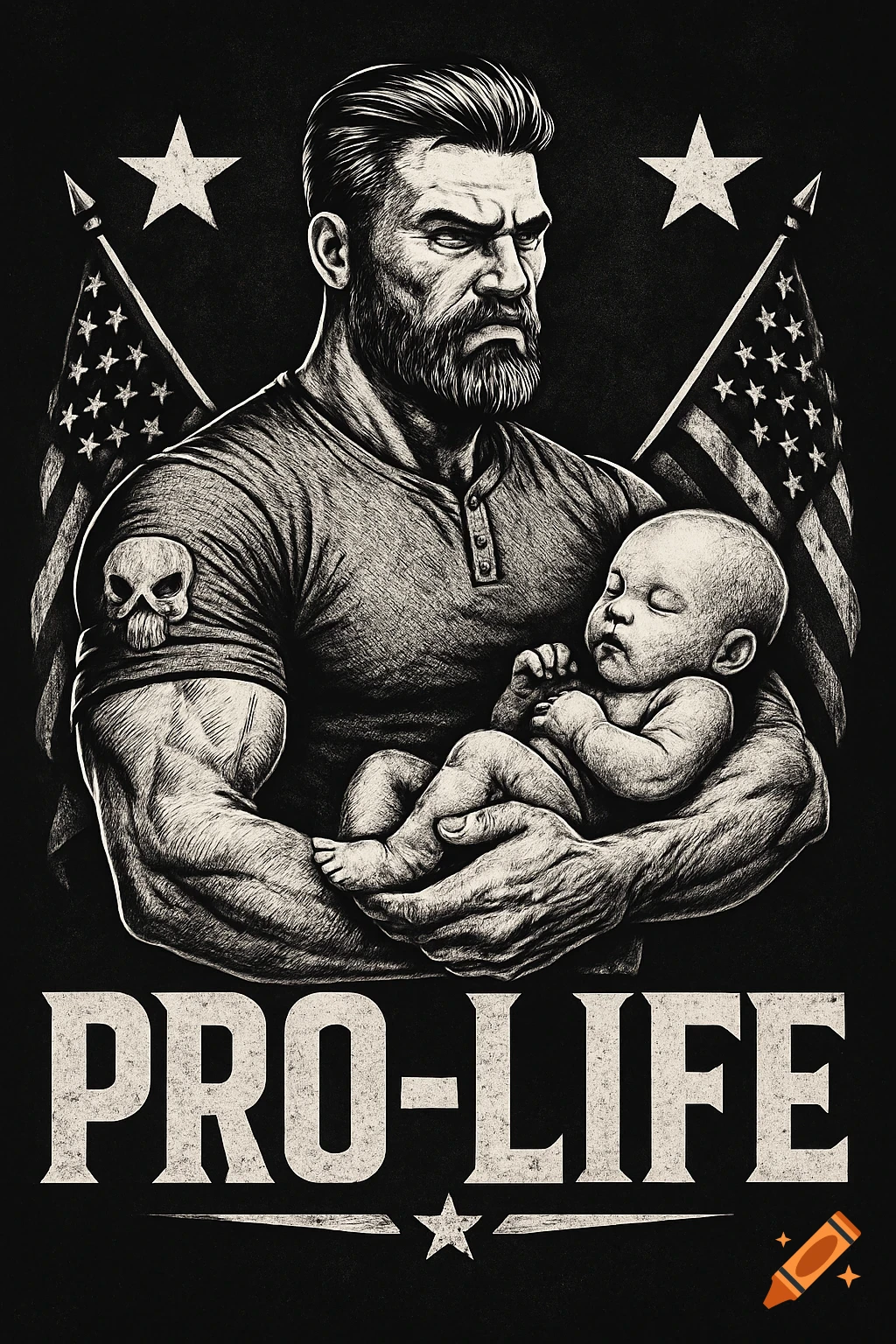 Gritty black and white illustration of a muscular man holding a baby, with American flags and stars in the background, and "PRO-LIFE" text below.