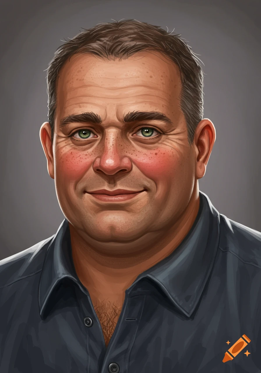 Digital art portrait of a smiling man with green eyes, freckles, and rosy cheeks.
