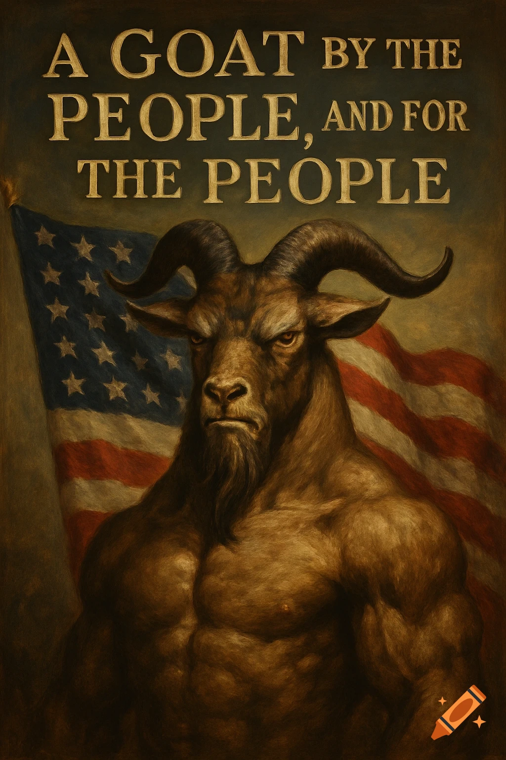 Muscular goat standing in front of an American flag with the text "A GOAT BY THE PEOPLE, AND FOR THE PEOPLE" above it. Painted style.