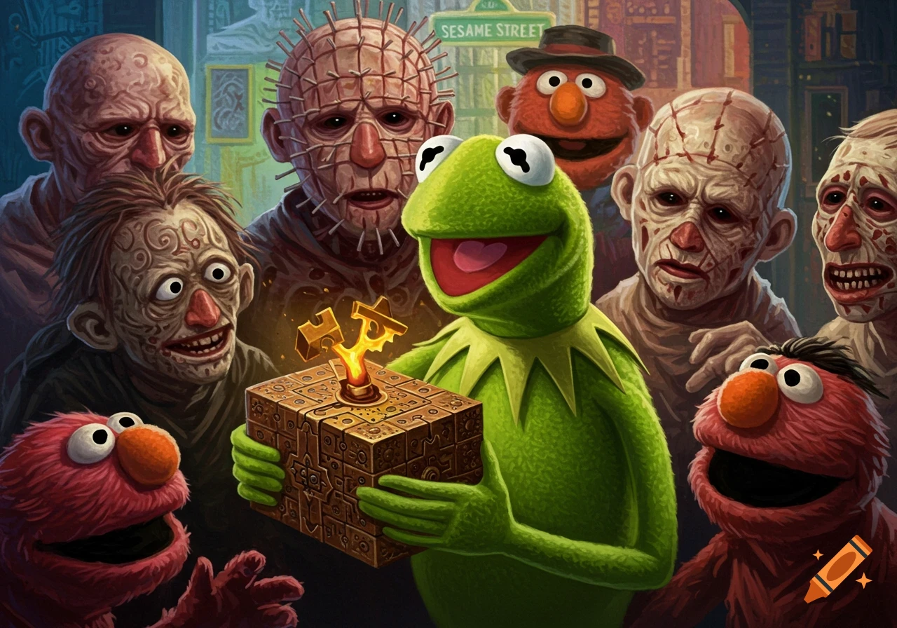 Kermit the Frog holds a puzzle box surrounded by Hellraiser Cenobites and Sesame Street characters on Sesame Street.