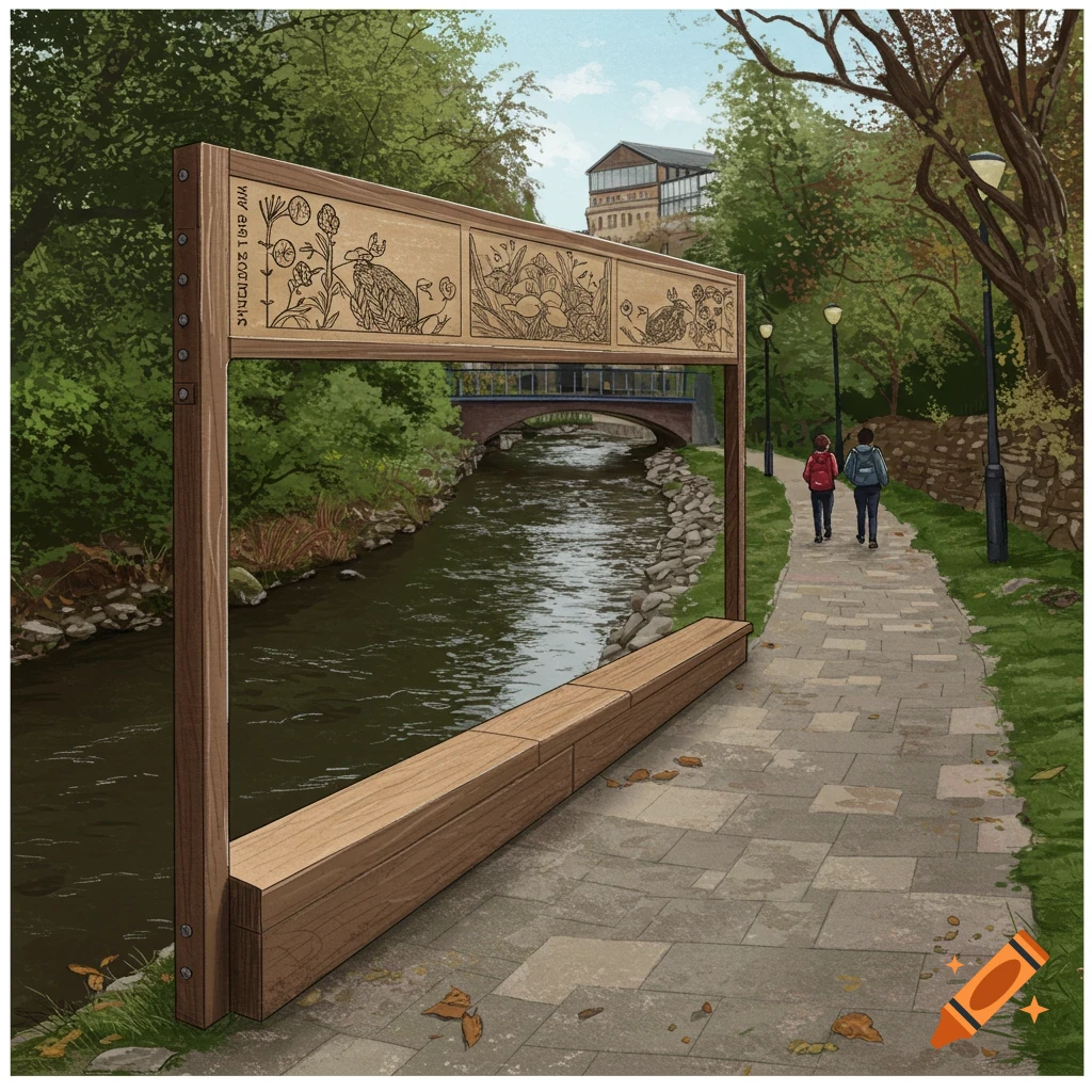 Illustration of a park path along a river with a large wooden bench and sculpture, two people walk away