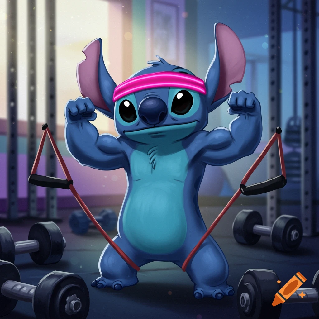 Stitch from Disney's Lilo & Stitch flexing muscles with resistance bands in a gym.
