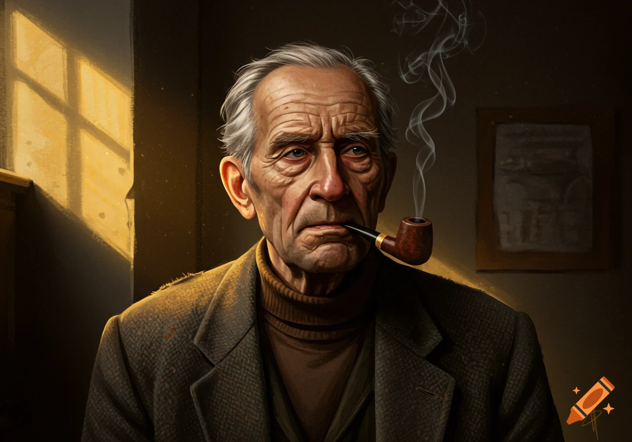 Realistic painting of an old man with a wrinkled face smoking a pipe, lit by dramatic sunlight from a window.