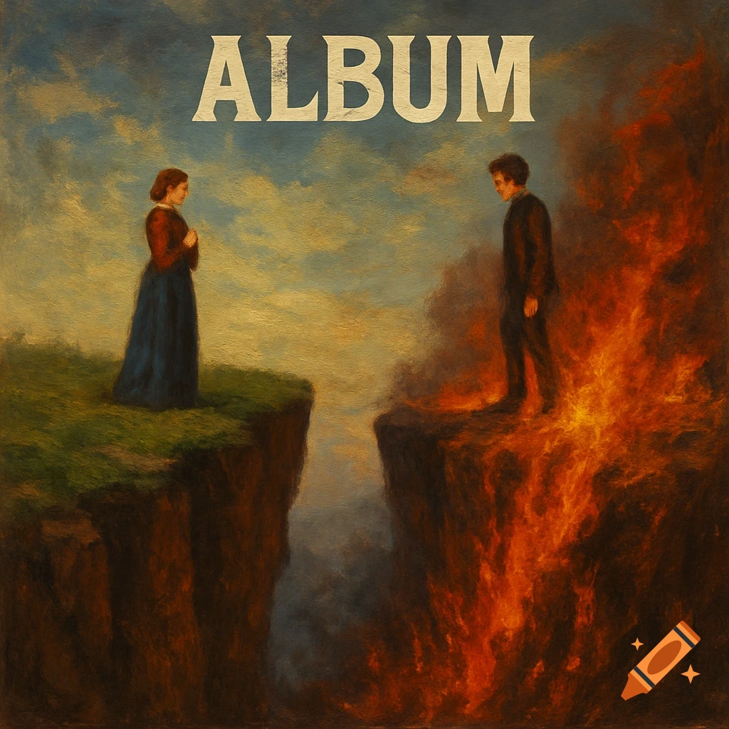 Oil painting of a man on a fiery cliff opposite a woman on a grassy cliff, with 'ALBUM' text above