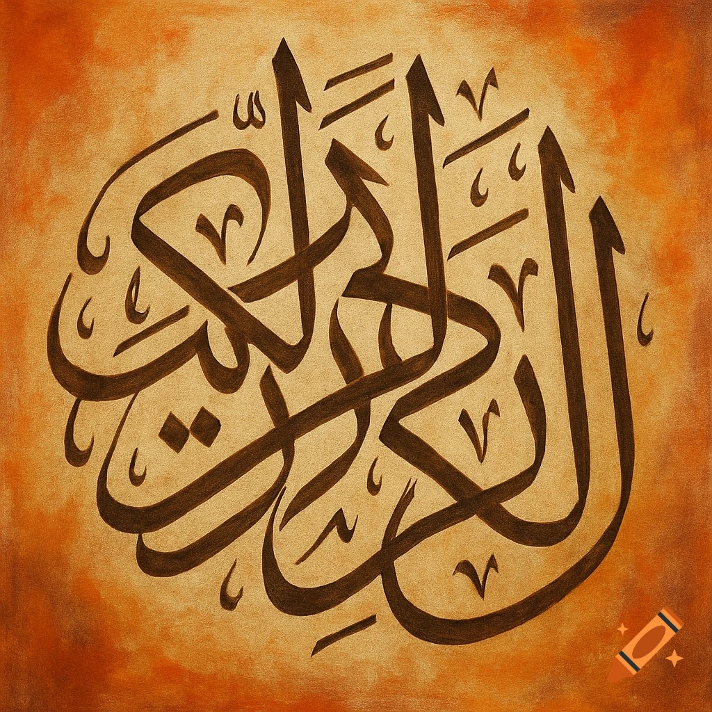 Brown and gold Arabic calligraphy on a textured orange and beige background.