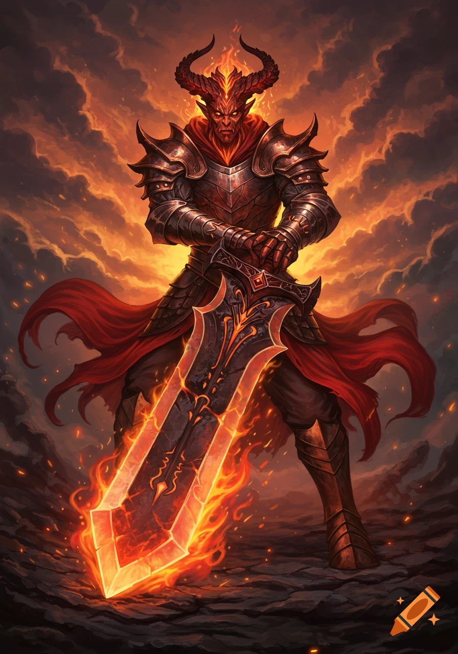 A fiery horned demon in ornate armor holds a large burning sword.