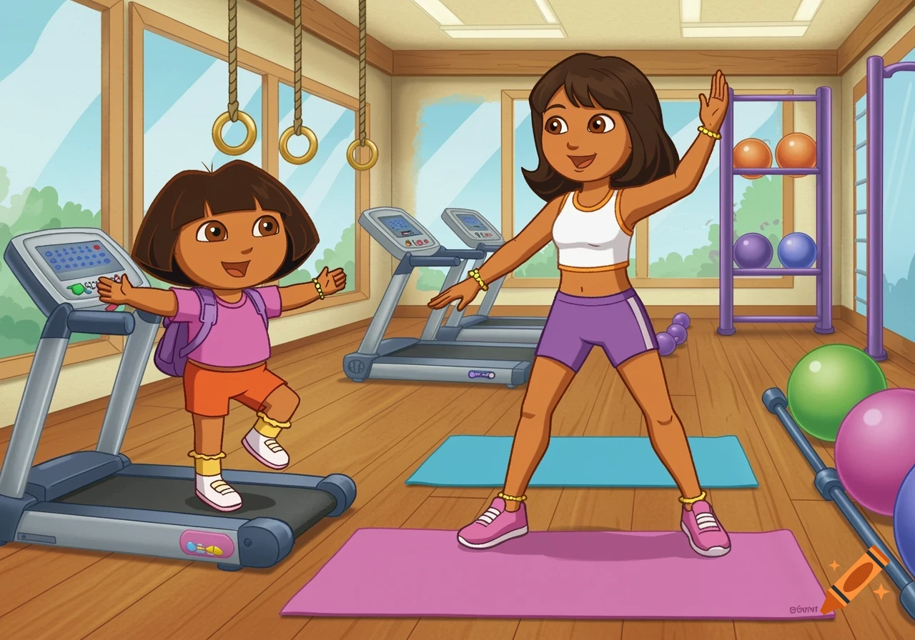Cartoon of Dora the Explorer and her mom exercising in a gym