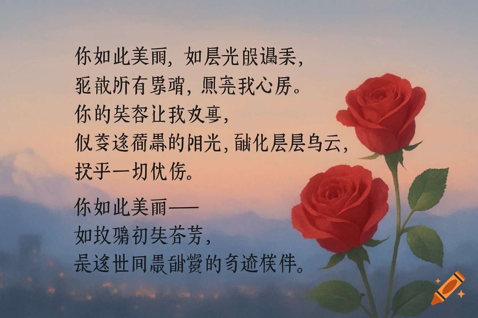 Two red roses with leaves next to large Chinese text over a blurry background with sky and mountains.