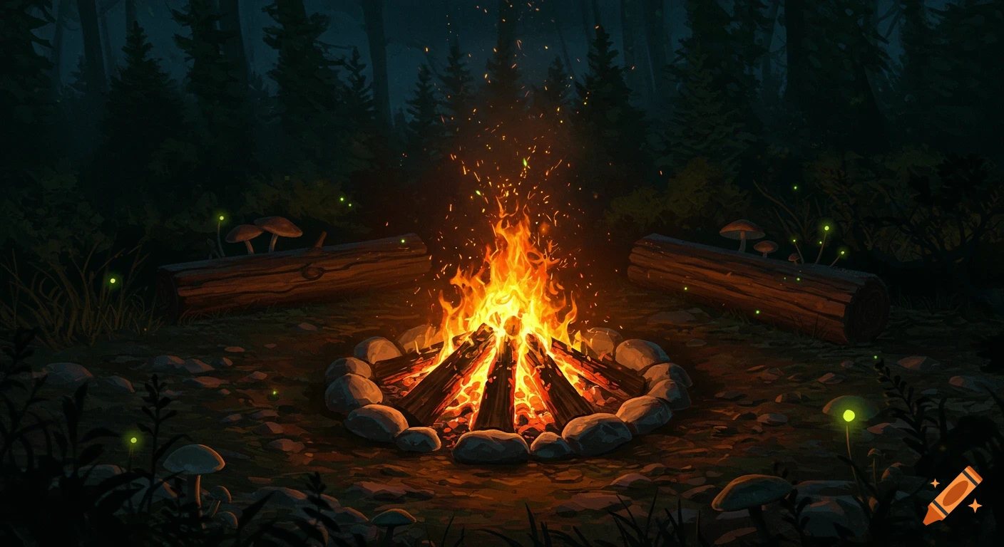 A bright campfire burns in a dark forest clearing at night, with logs, rocks, mushrooms, and glowing fireflies.
