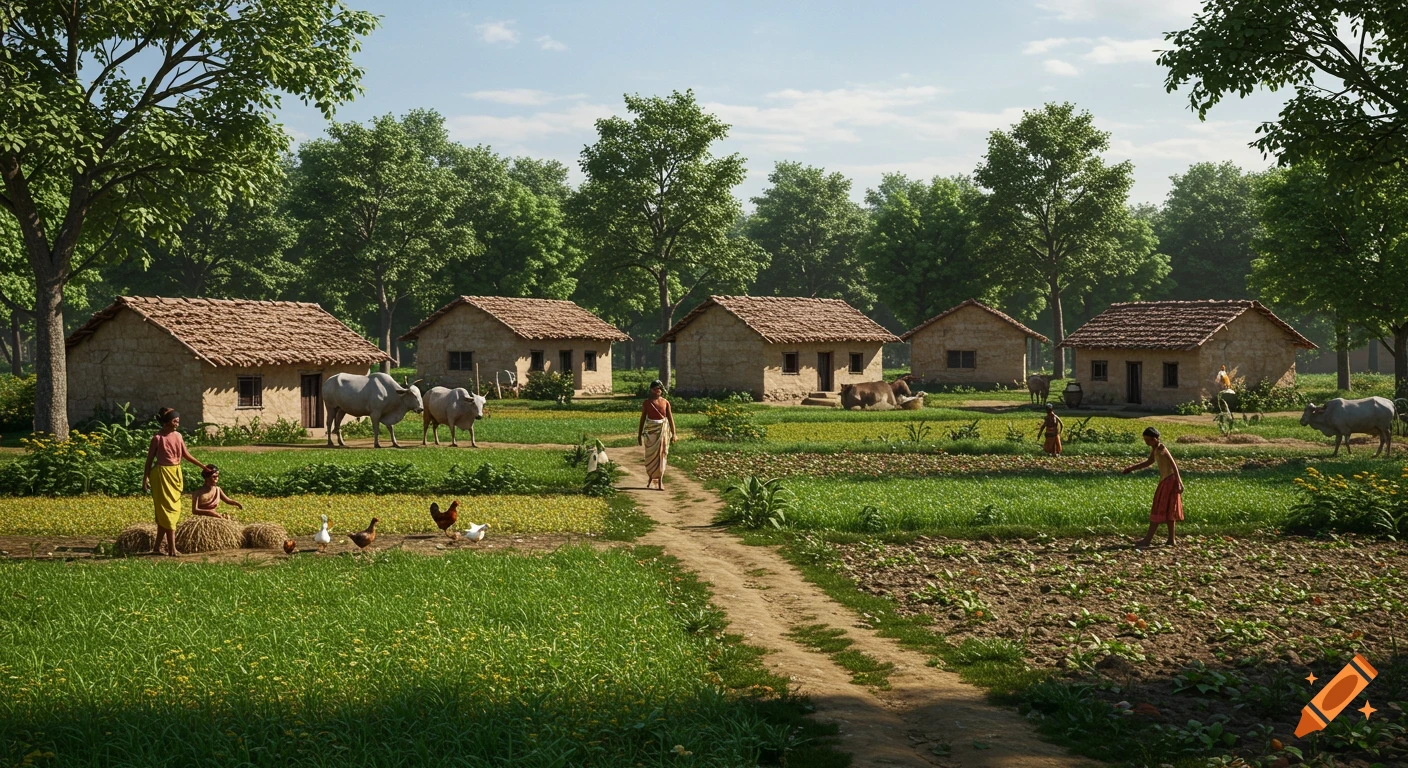 A peaceful rural village scene with mud houses, green fields, people farming, bulls, and chickens.