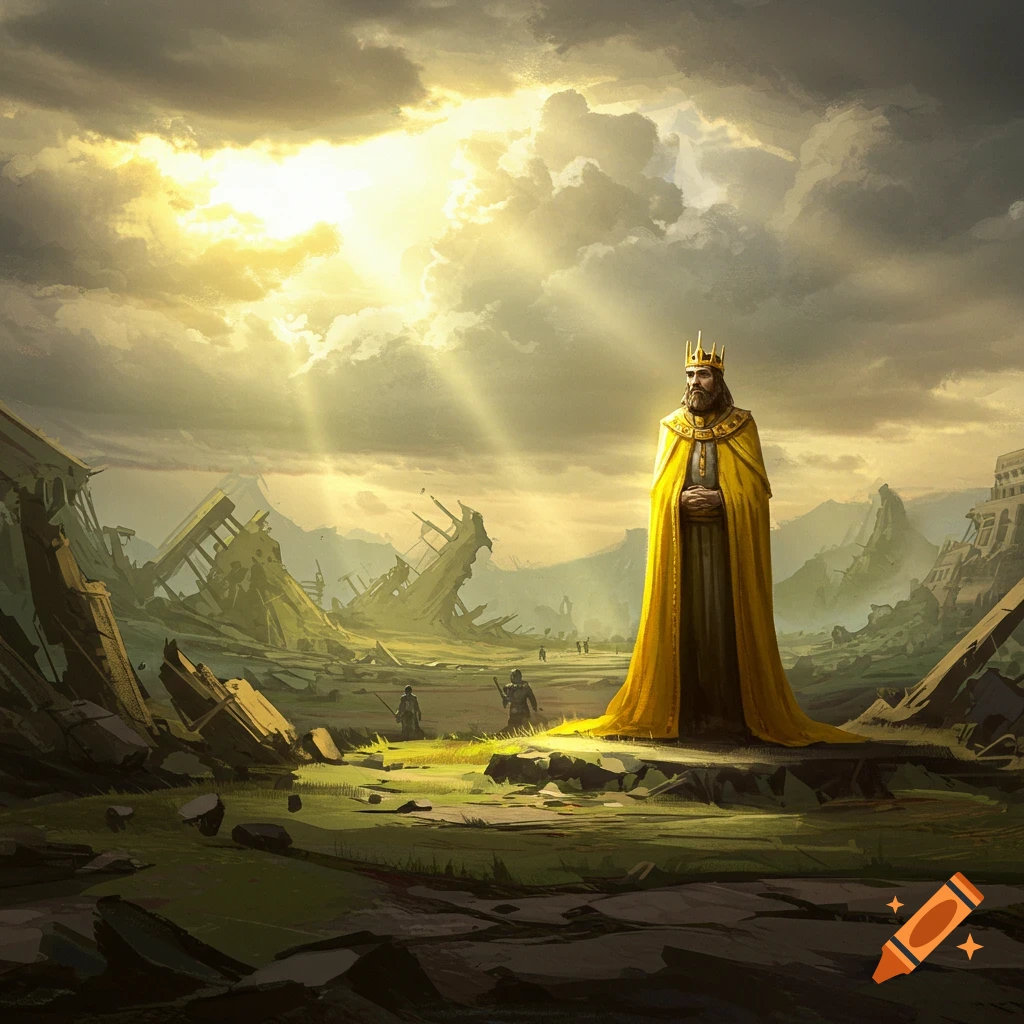 A king in a golden cape stands in a ruined landscape under a dramatic, sunlit sky.