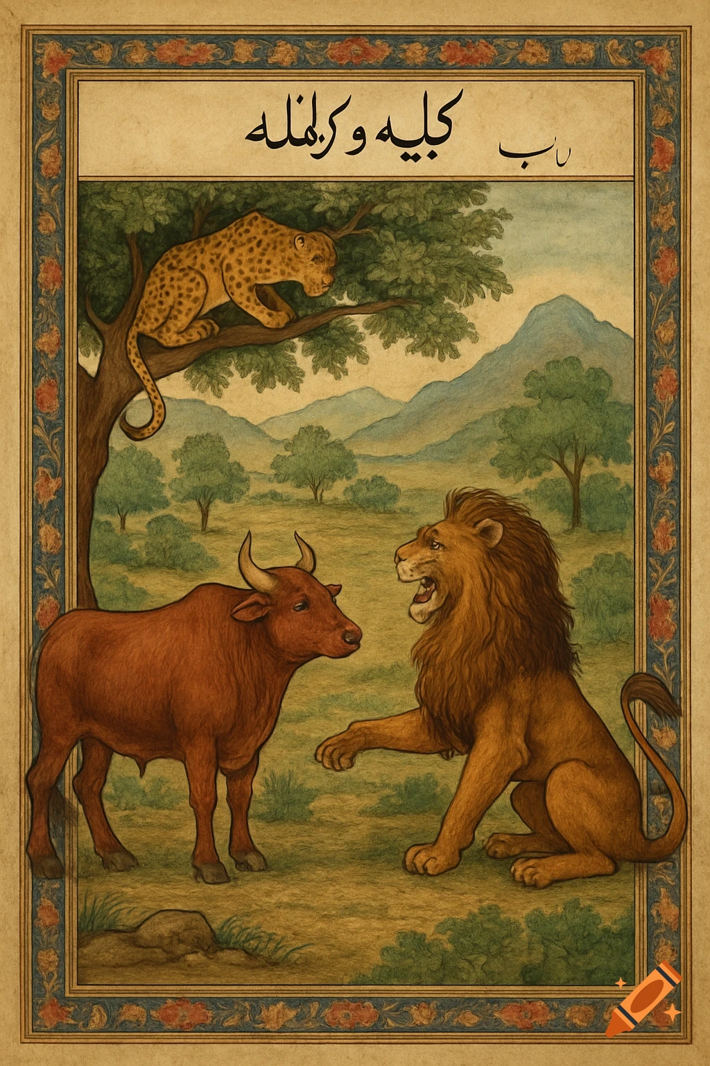 Miniature painting of a lion and bull talking, with a leopard in a tree.