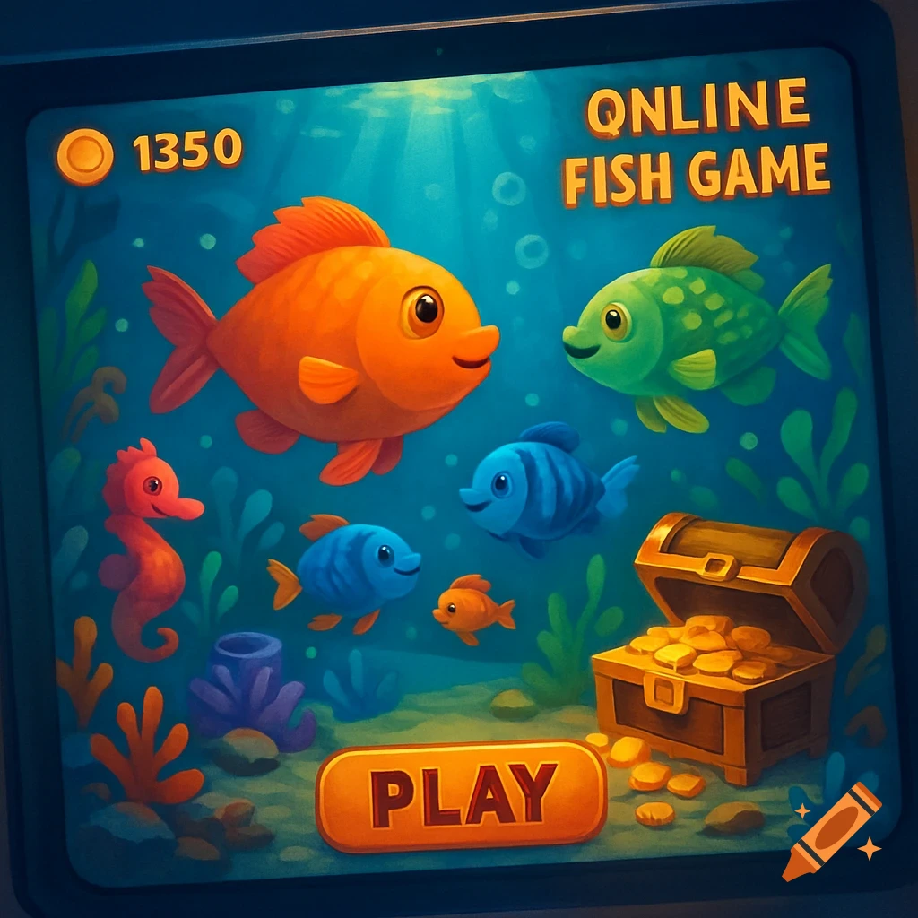 Cartoon game interface with fish, seahorse, and treasure chest.
