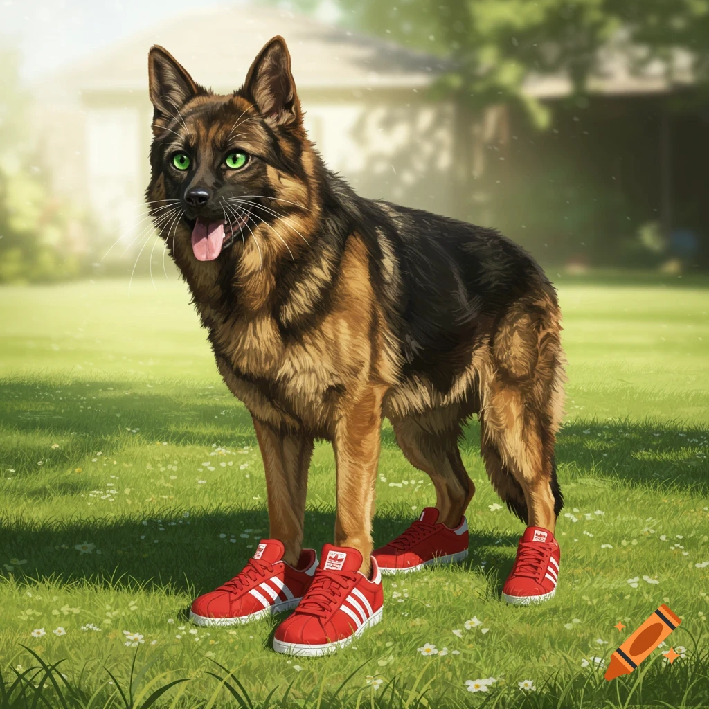 A German Shepherd wearing red and white sneakers stands in green grass.