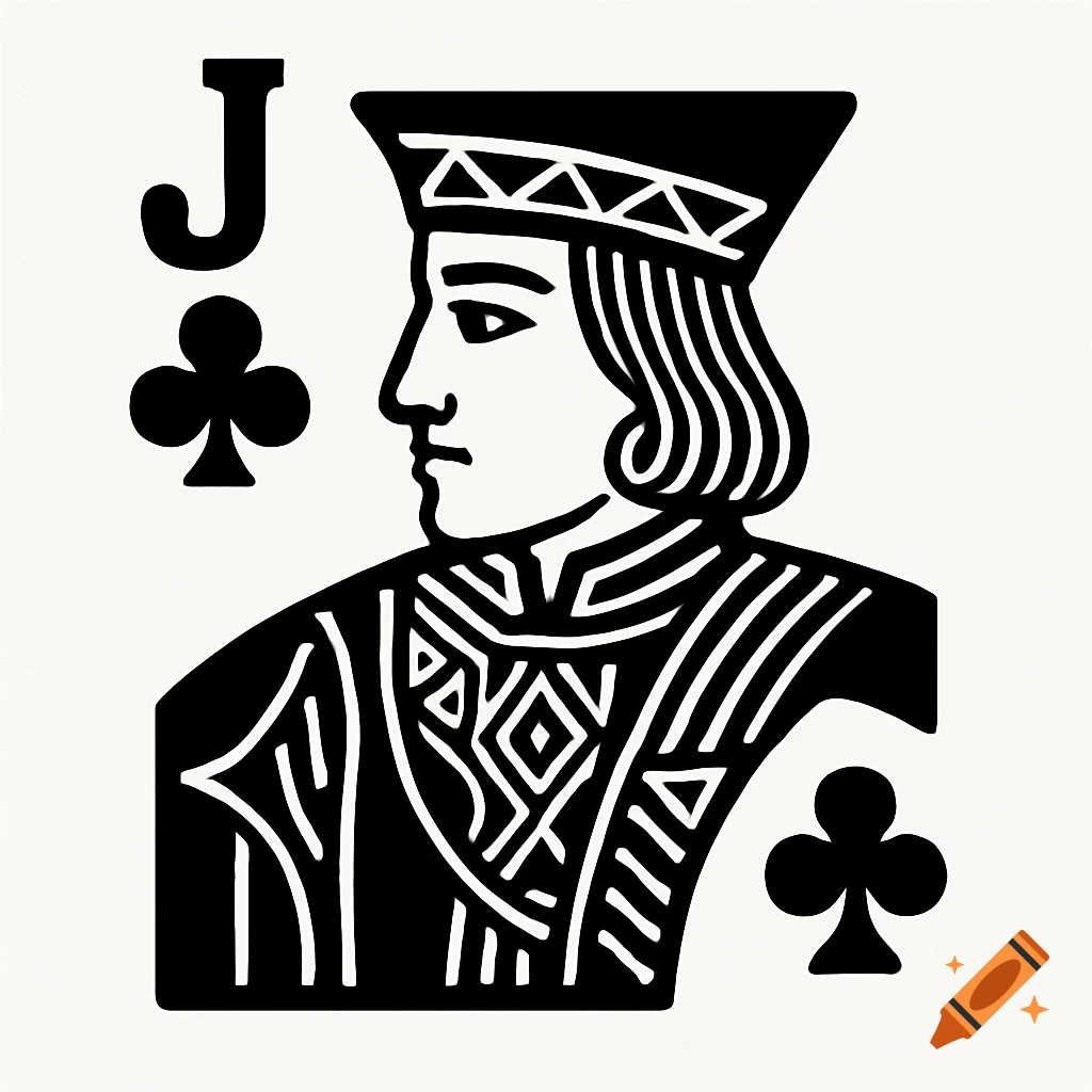 A black and white illustration of a Jack of Clubs playing card.