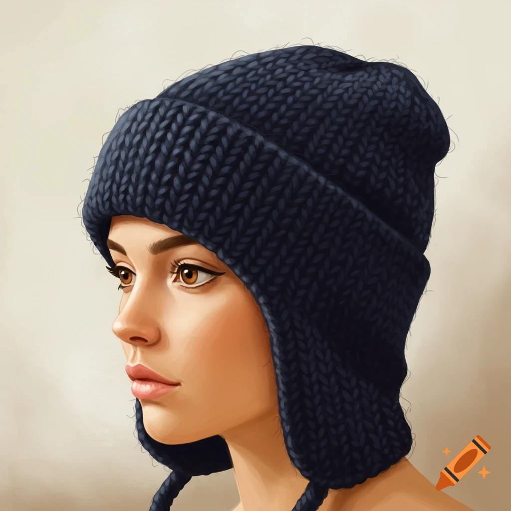 Stylized portrait of a woman wearing a dark blue knitted winter hat.