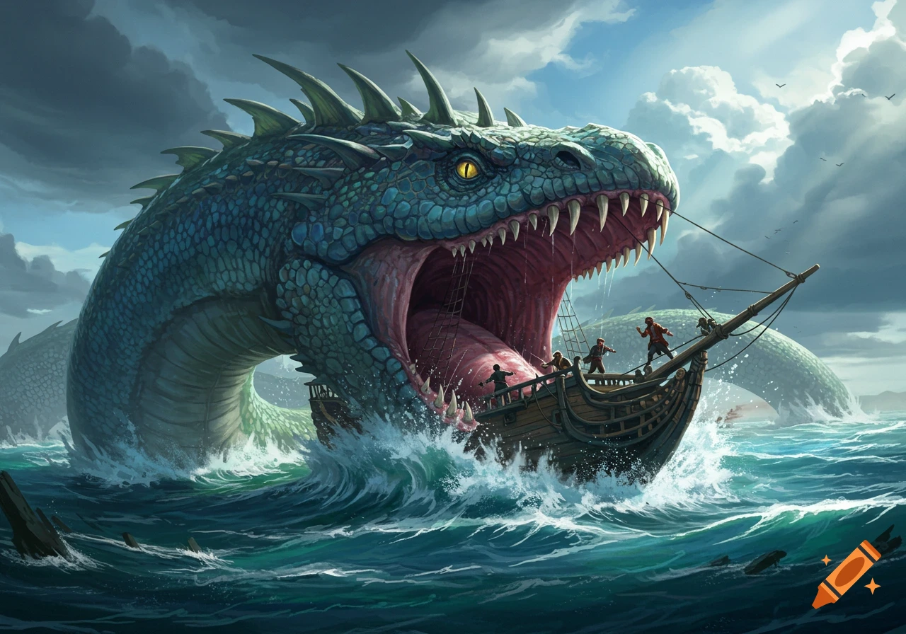 Giant sea monster with open mouth attacks a pirate ship in a stormy ocean, fantasy illustration.