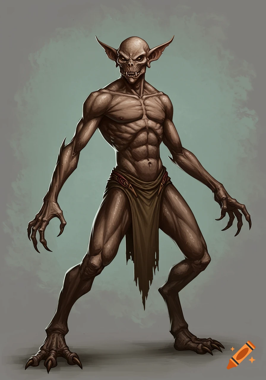 An illustration of a tall, slender, muscular creature with sharp teeth ...
